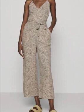 Abercrombie & Fitch Neutral Speckle V-Neck Wide-Leg Jumpsuit